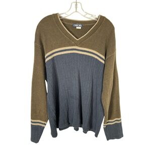 Cherokee Vintage 90s Colorblock V-Neck Sweater Olive Green Blue Academia Large